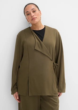 Blouse in een viscosemix met strikkoord, Kleur: donkerolijfgroen