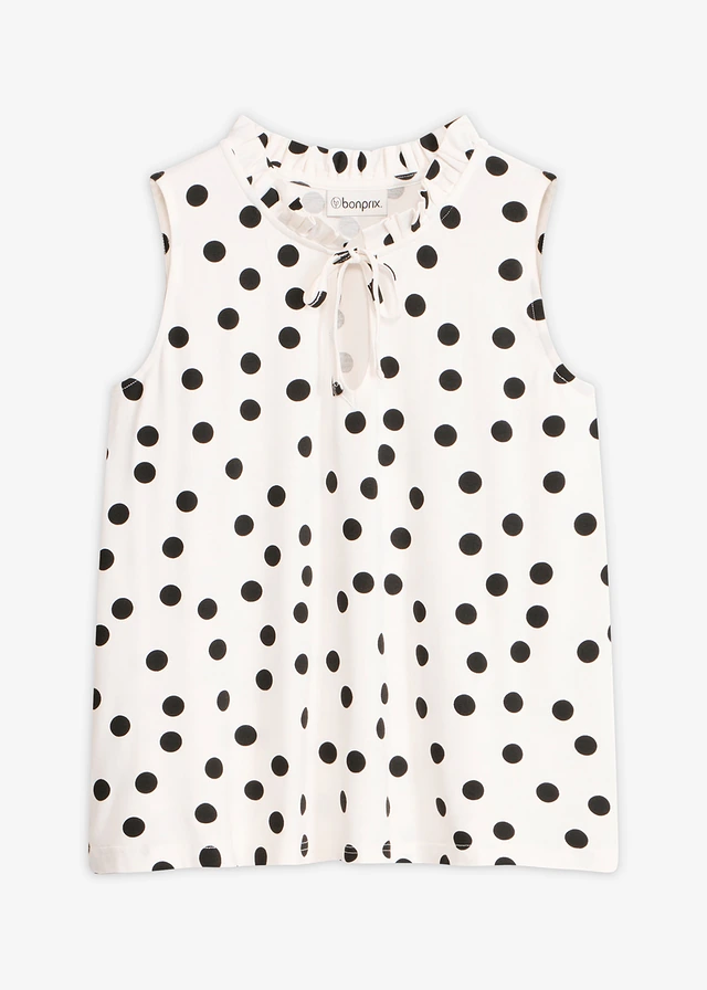 Jersey top in een viscosemix, Kleur: wolwit-zwart gestippeld