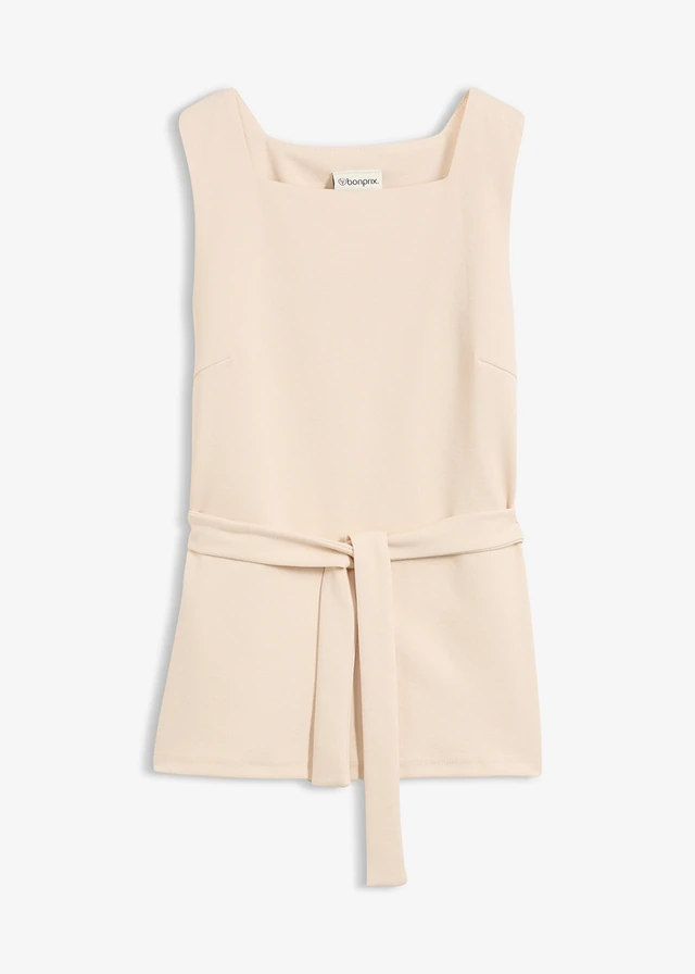 Top van piqué met strikkoord, Kleur: kiezelbeige