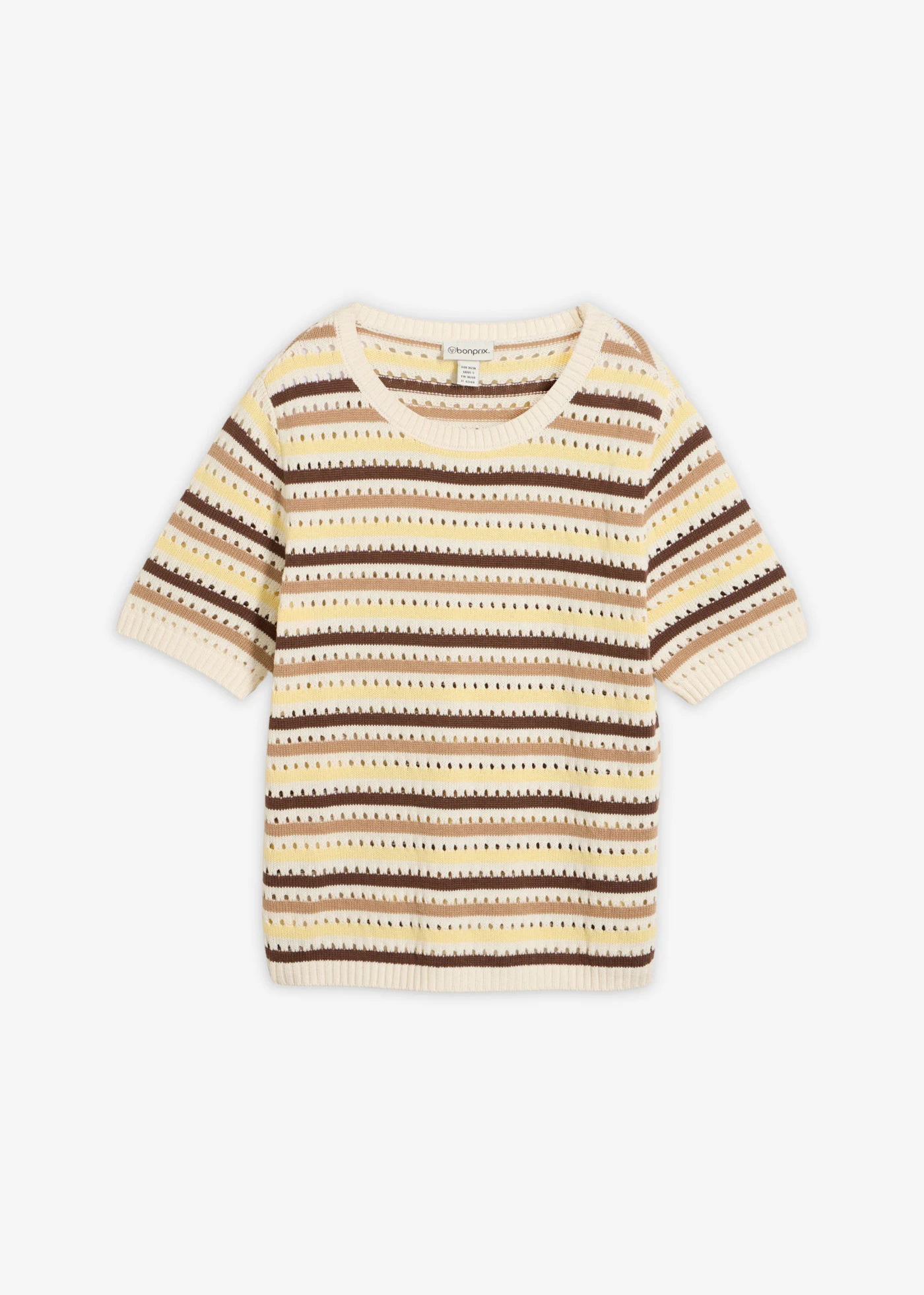 T-shirt en maille ajourée • blanc nacré-marron-camel mat-jaune clair rayé • Boutique bonprix