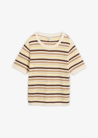 Geribd shirt met ajourpatroon, Kleur: parelwit/bruin/mat camel/lichtgeel gestreept