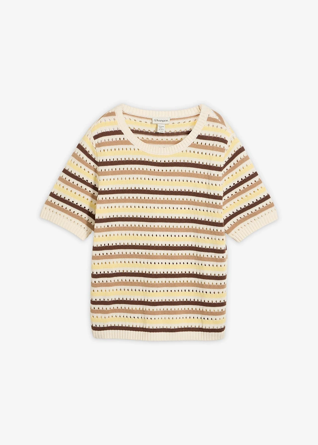 T-shirt en maille ajourée • blanc nacré-marron-camel mat-jaune clair rayé • Boutique bonprix