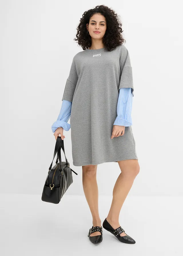 Robe sweat oversize à manches chemise, Couleur: gris chiné-bleu moyen-blanc