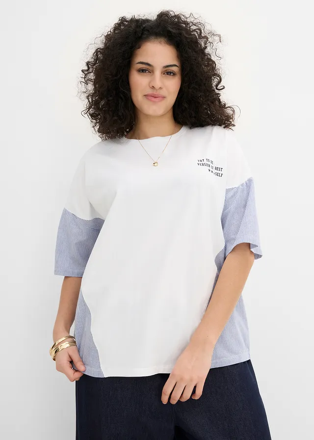 T-shirt oversize en coton extensible, Couleur: blanc/bleu foncé