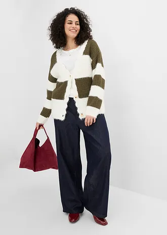 Gilet large en grosse maille, Couleur: écru-olive foncé rayé