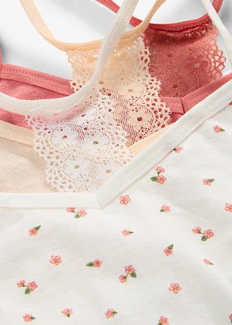 Lot de 3 brassières douces avec dentelle • écru imprimé + rhubarbe + beige nacré • Boutique bonprix