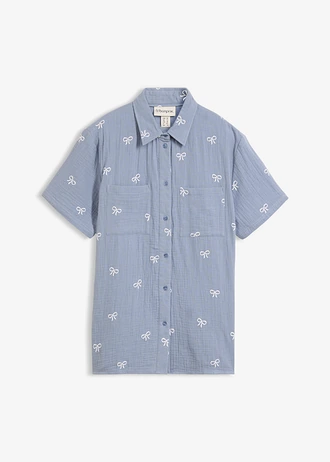 Blouse van mousseline met korte mouwen • rookblauw/wit met print • bonprix online shop