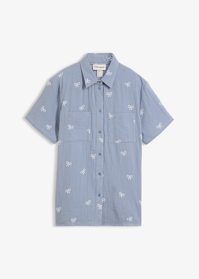 Blouse van mousseline met korte mouwen • rookblauw/wit met print • bonprix online shop