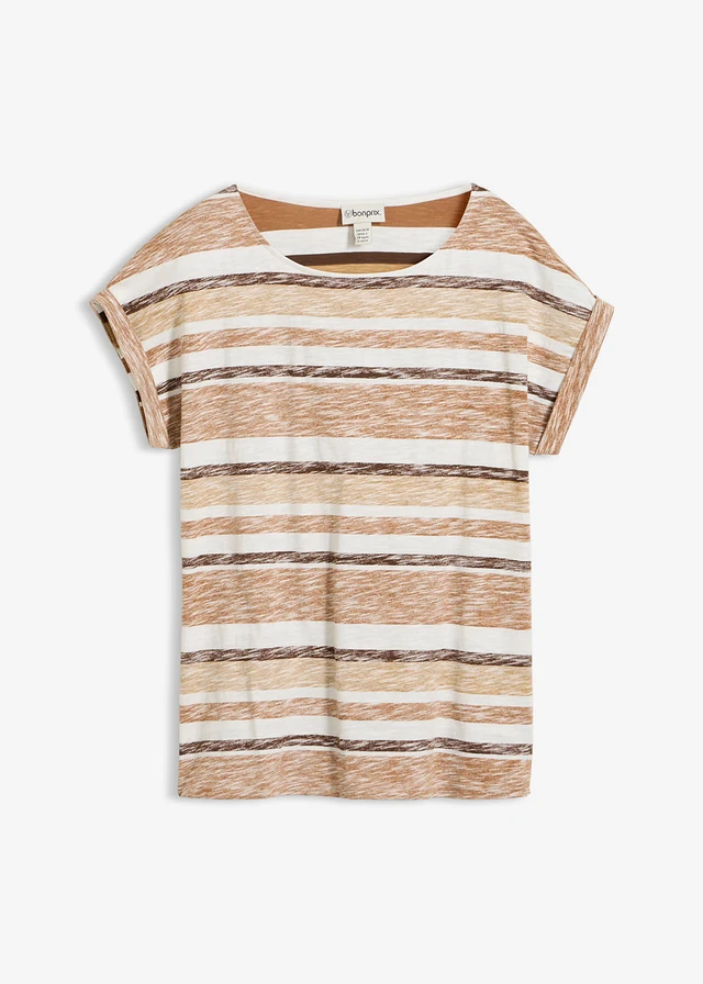 T-shirt z czystej bawełny organicznej, kolor: brązowy/biel wełny/brązowy mokka/matowy karmelowy w paski