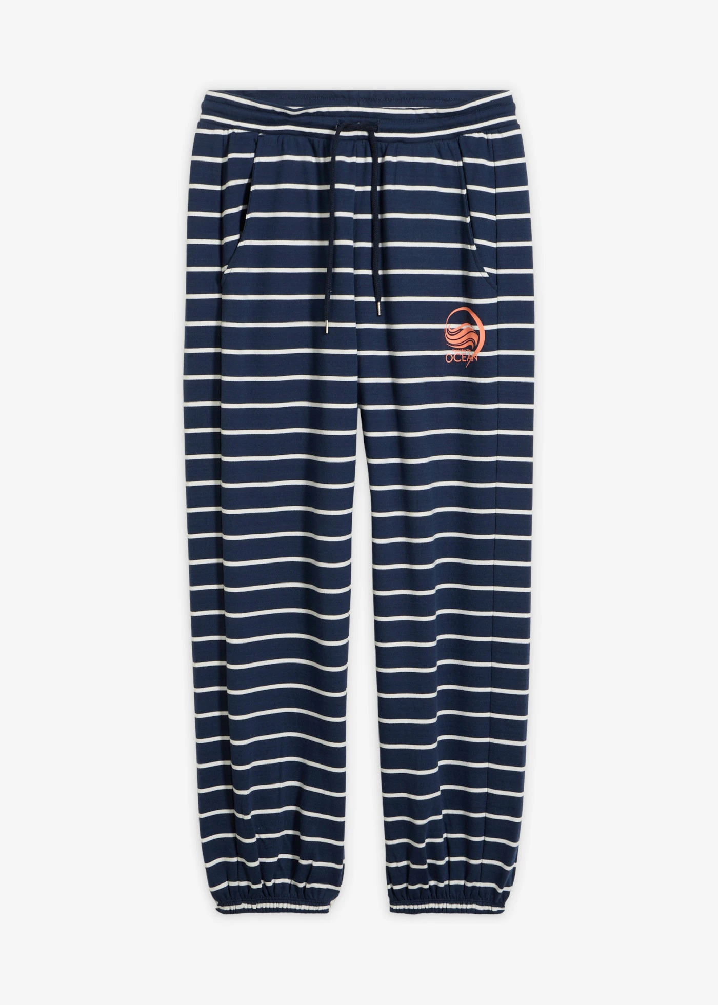 Pantalon sweat en coton mélangé • bleu foncé-écru rayé • Boutique bonprix