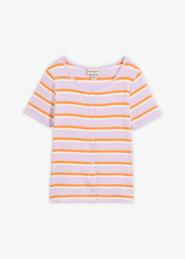 Bluză din tricot ripsat din bumbac organic • liliachiu pastel-oranj fluorescent-ecru dungat • magazin bonprix