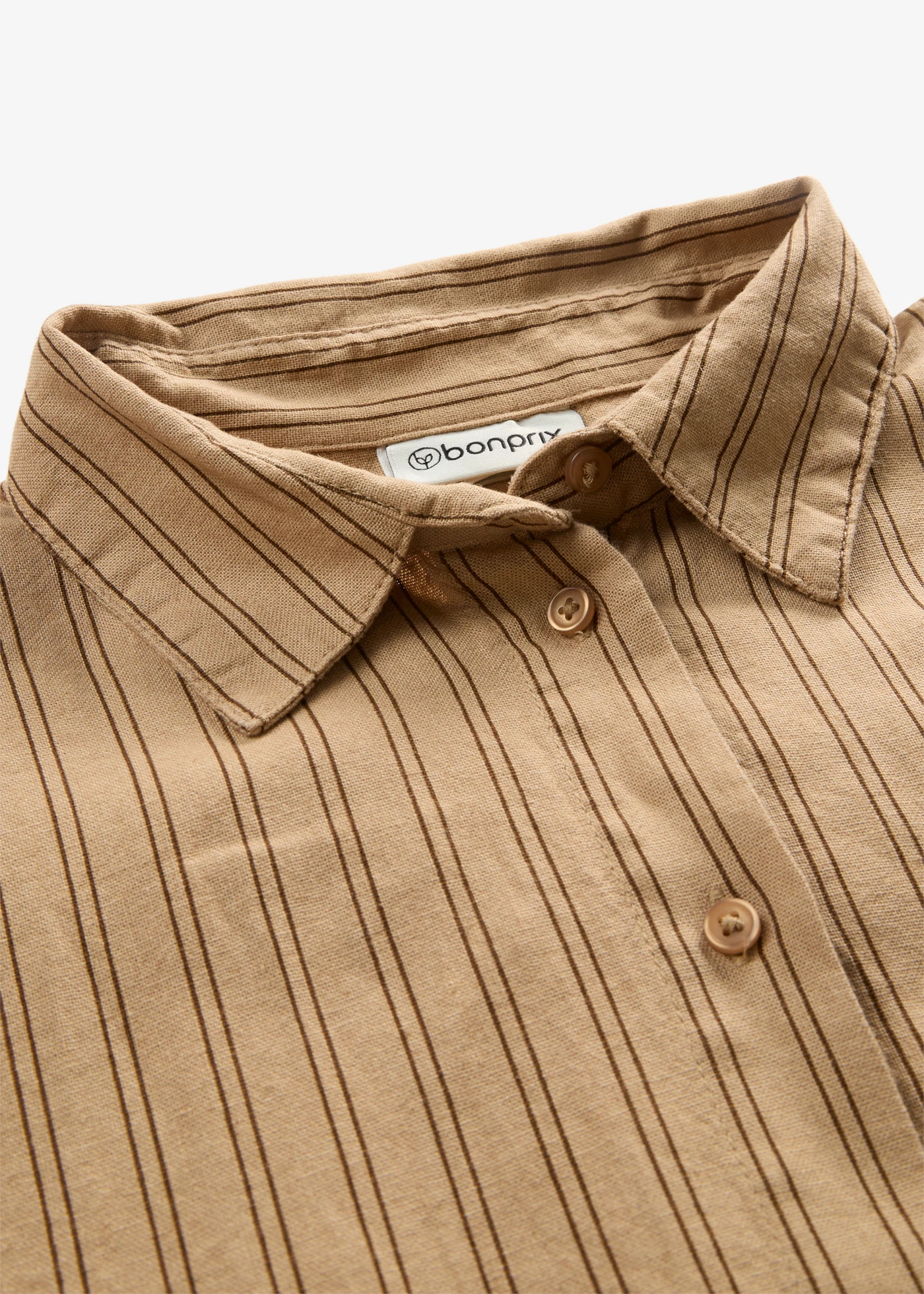 Blouse met korte mouwen van een linnenmix • mat camel-bruin gestreept • bonprix online shop