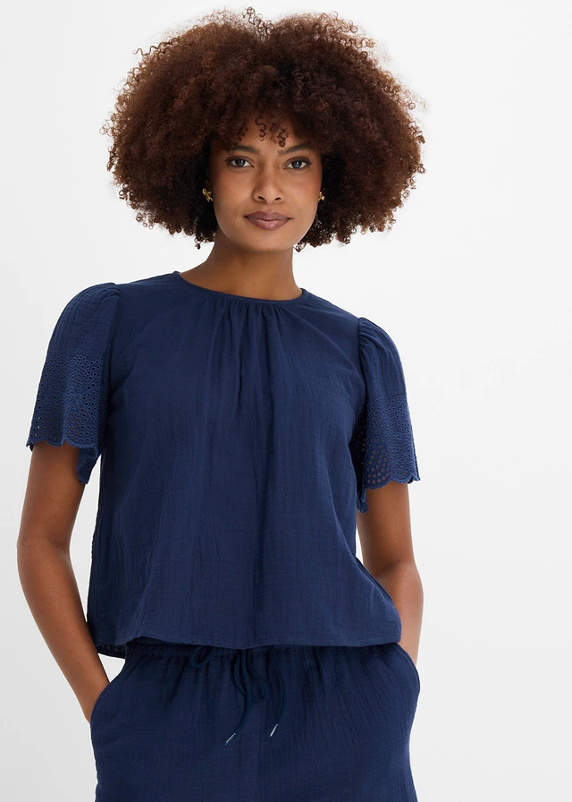 Blouse manches courtes légère en gaze de coton, Couleur: bleu foncé