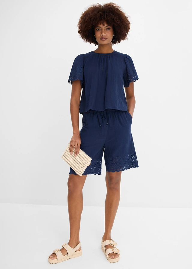 Blouse manches courtes légère en gaze de coton, Couleur: bleu foncé