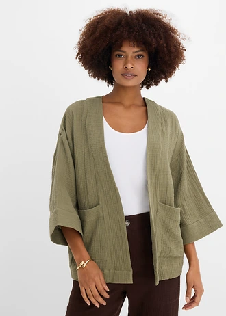 Veste kimono légère en gaze de coton, Couleur: olive