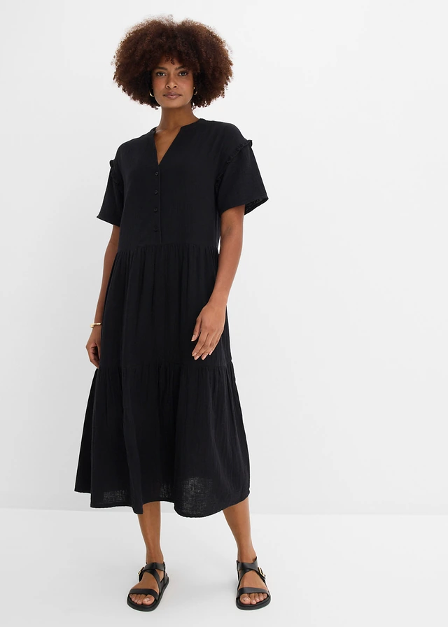 Robe midi en gaze de coton douce, Couleur: noir