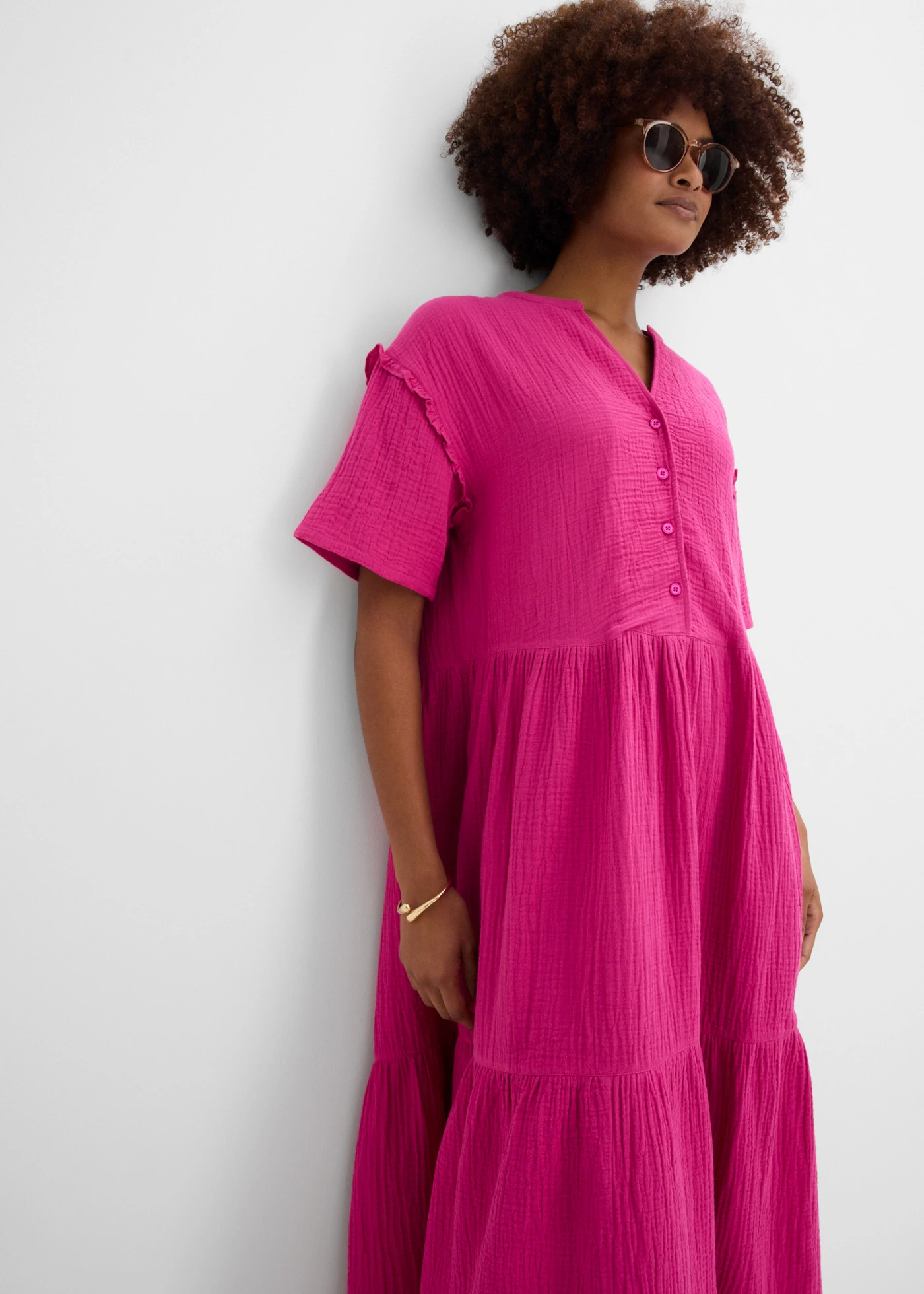 Robe midi en gaze de coton douce • rose/fuchsia • Boutique bonprix