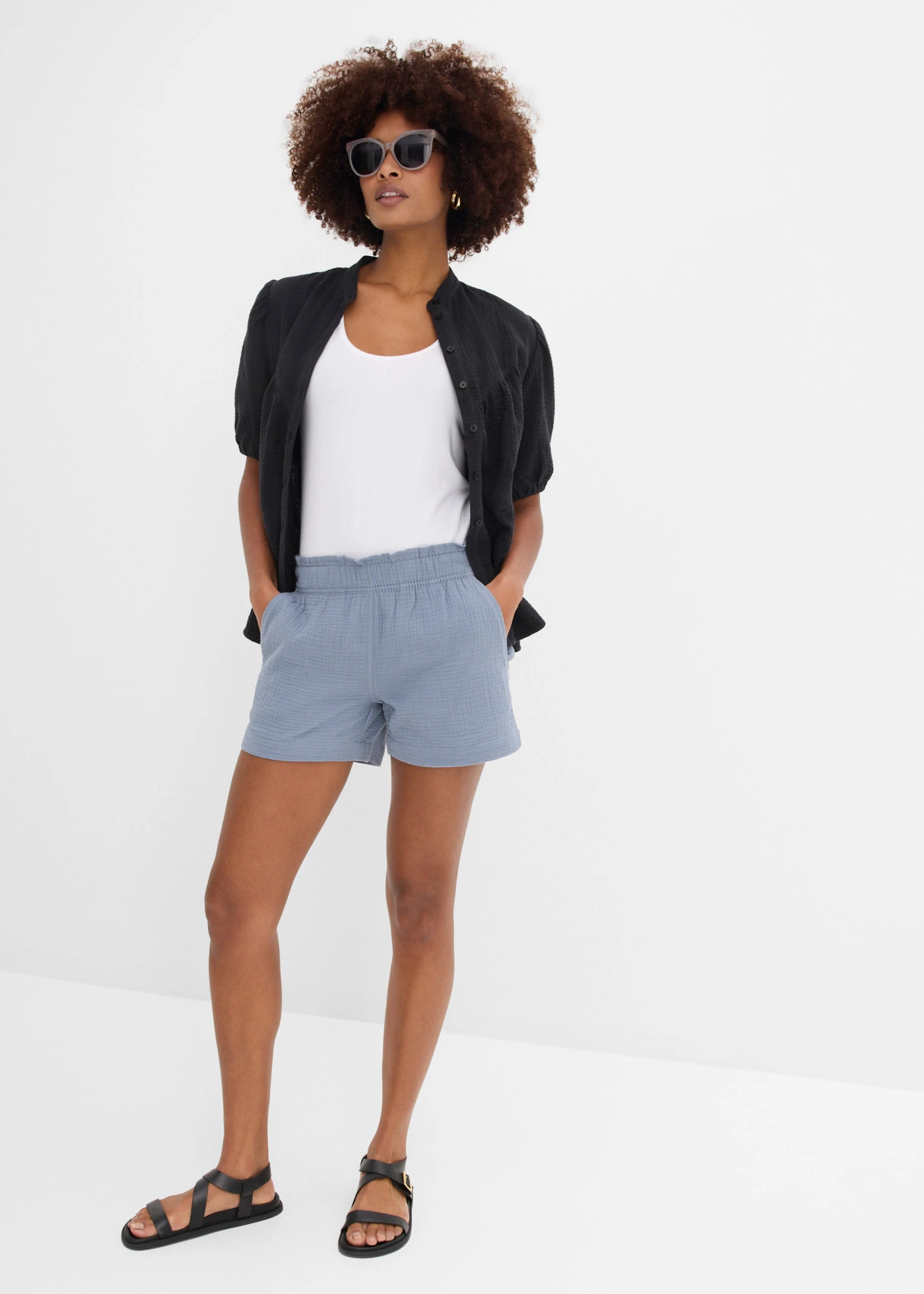 Mousseline short van katoen • rookblauw • bonprix online shop