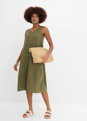Mousseline jurk van puur katoen • donkerolijfgroen • bonprix online shop