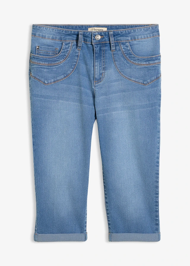 Straight farmer, Mid Waist, rövidített • világoskék denim, használt hatású • bonprix áruház
