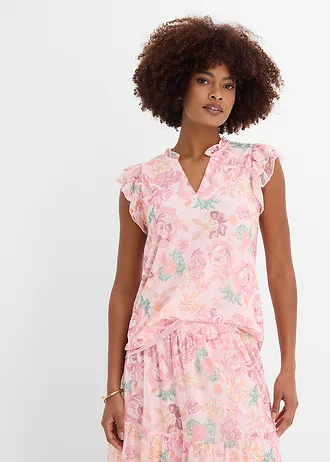 Shirtblouse van zachte mesh, Kleur: lichtroze gebloemd