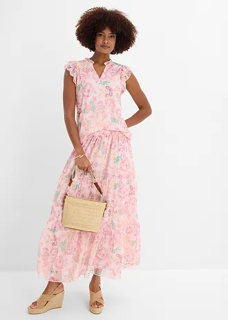 Shirtblouse van zachte mesh, Kleur: lichtroze gebloemd