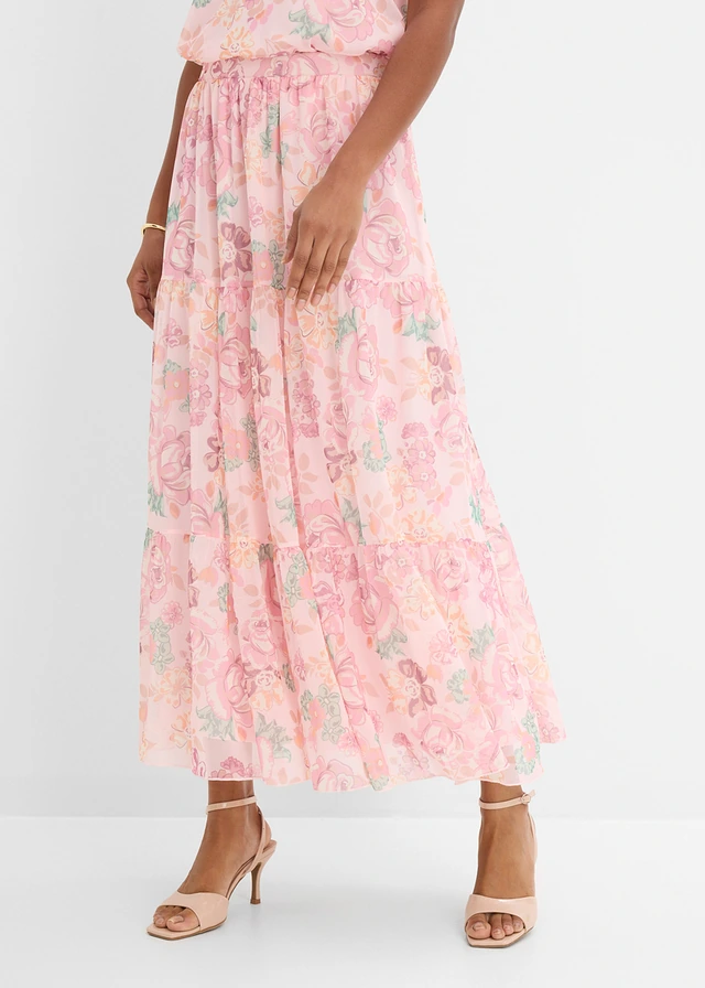 Jupe longue en mesh doux, Couleur: rose clair floral