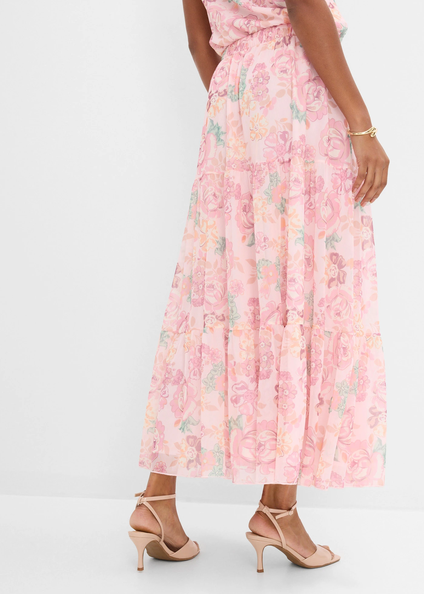 Fustă maxi din mesh moale • roz deschis cu flori • magazin bonprix