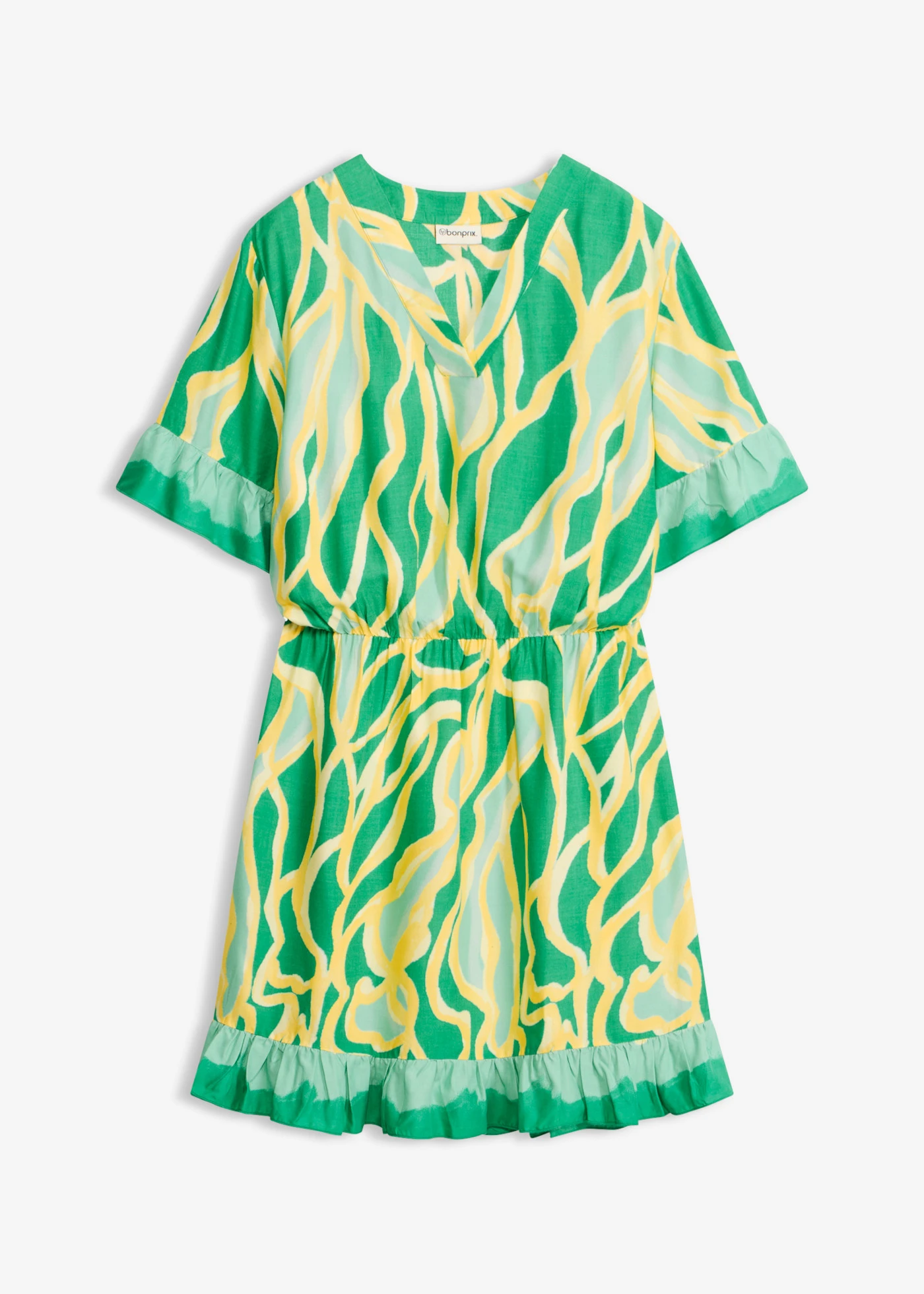 Chiffonjurk met ruches • kristalmint-lichtgeel gedessineerd • bonprix online shop