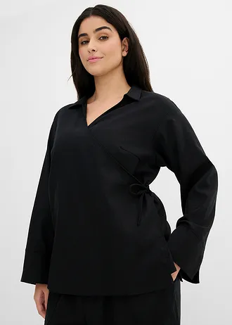 Wikkelblouse van linnenmix, Kleur: zwart