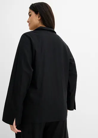 Wikkelblouse van linnenmix, Kleur: zwart