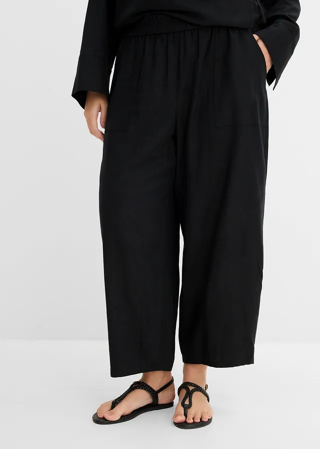 Barrel broek van lichte linnenmix, Kleur: zwart