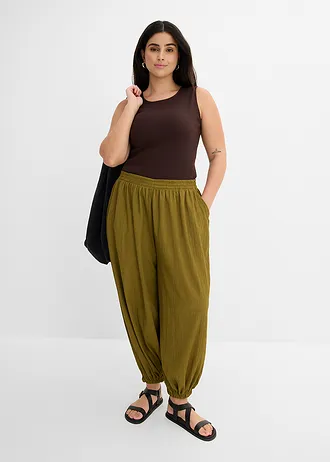 Șalvari din crep texturat, culoare: verde-natur