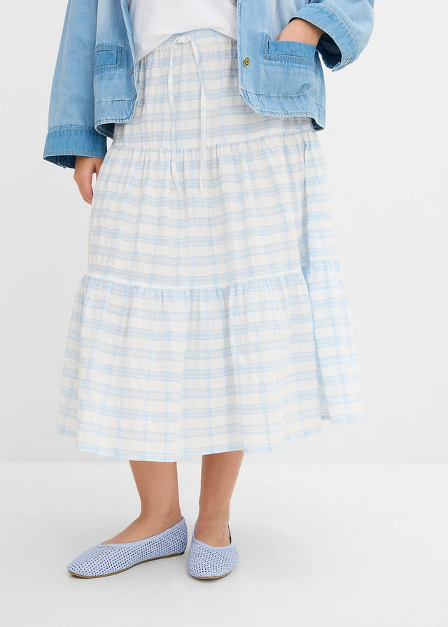 Jupe midi 100% coton, Couleur: écru-bleu poudré carreaux
