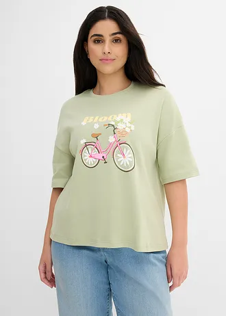 Losvallend T-shirt van puur katoen, Kleur: lichtgroen met print