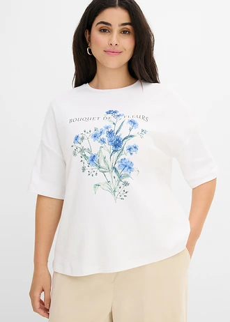 Tricou lejer din bumbac 100%, culoare: alb cu flori