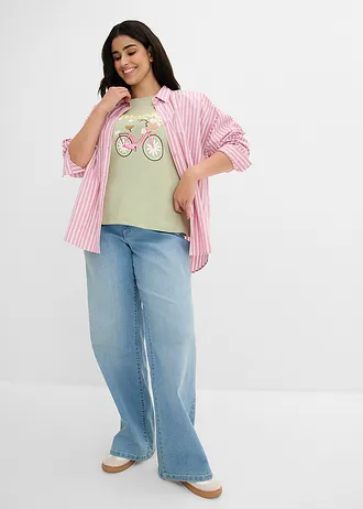 Losvallend T-shirt van puur katoen, Kleur: lichtgroen met print