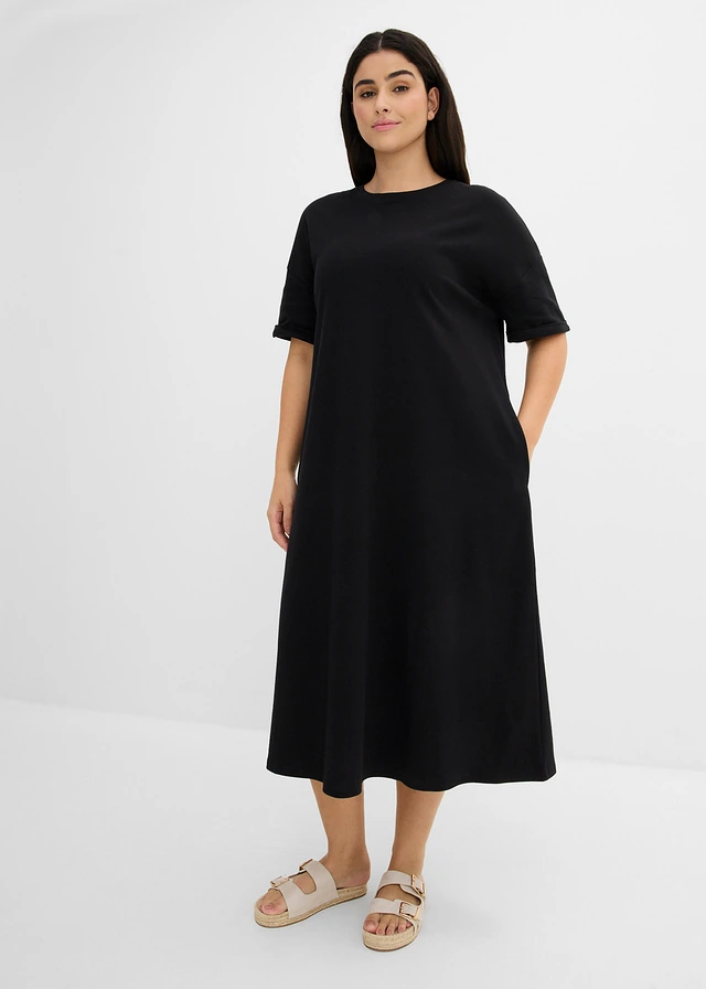 Wijd shirtjurk van stevige interlock met zakken, Kleur: zwart