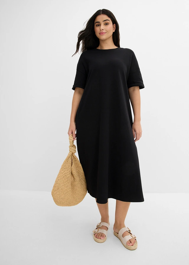 Robe large en jersey interlock épais avec poches, Couleur: noir