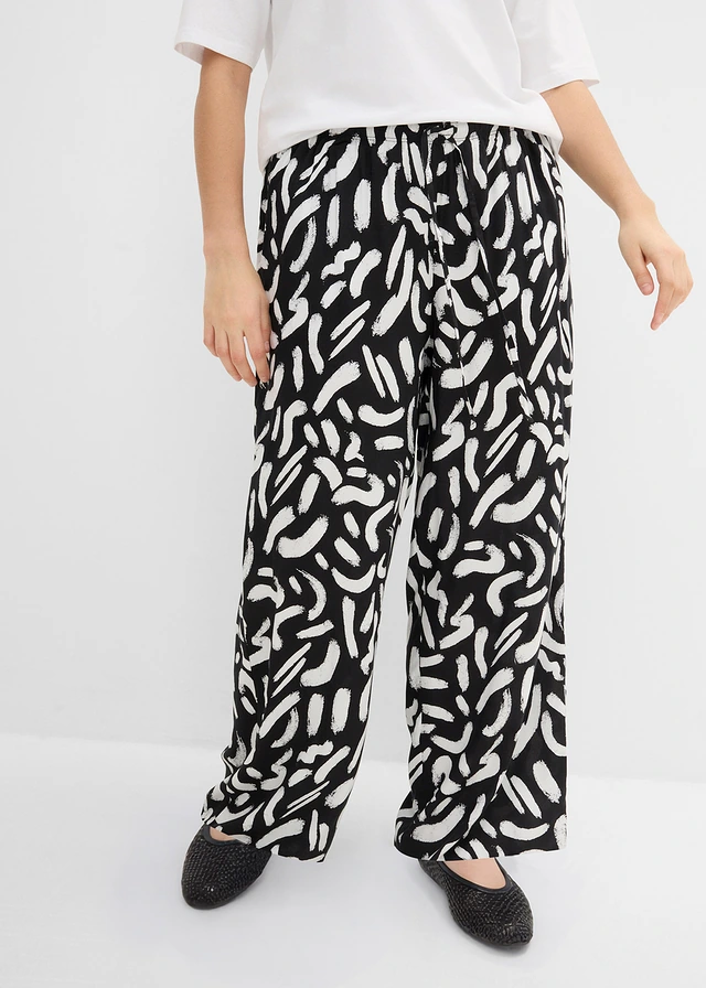 Pantalon imprimé en viscose fluide, taille élastiquée, Couleur: noir / blanc