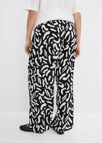 Broek van soepele viscose met print, Kleur: zwart/wit