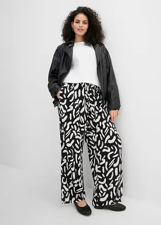 Broek van soepele viscose met print, Kleur: zwart/wit
