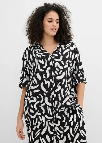Overhemdblouse van soepele viscose, Kleur: zwart-wit grafische print
