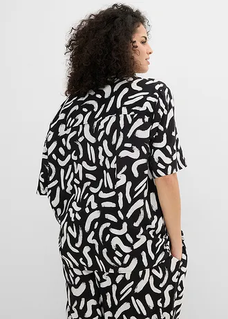 Overhemdblouse van soepele viscose, Kleur: zwart-wit grafische print