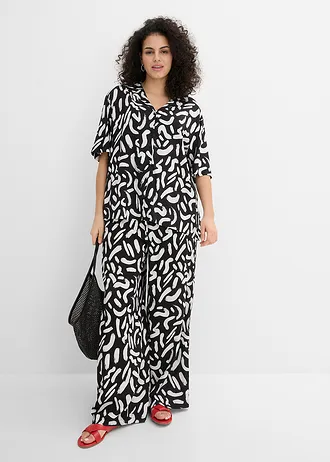 Overhemdblouse van soepele viscose, Kleur: zwart-wit grafische print