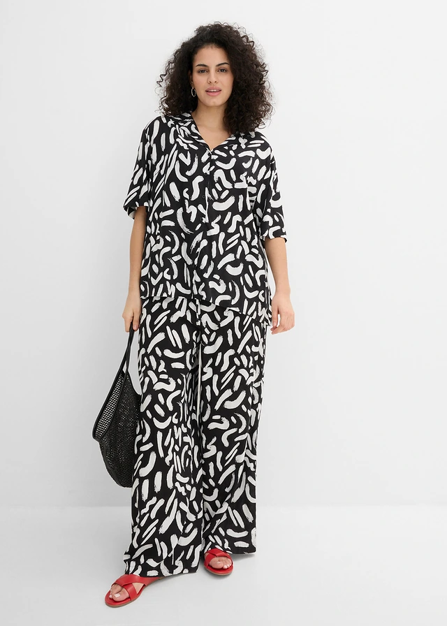 Chemisier en viscose fluide, Couleur: noir/blanc graphique