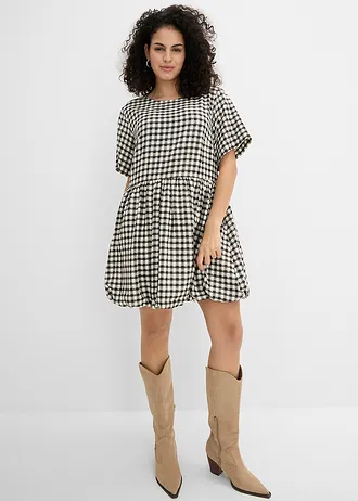 Krátké šaty s balónovým lemem, barva: černo-bílá kostkovaná