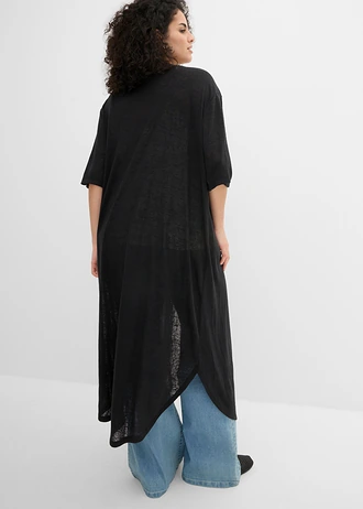 Lang vest in linnen look, Kleur: zwart