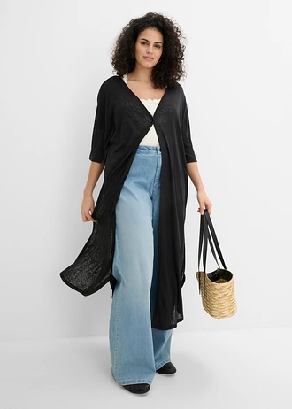 Lang vest in linnen look, Kleur: zwart