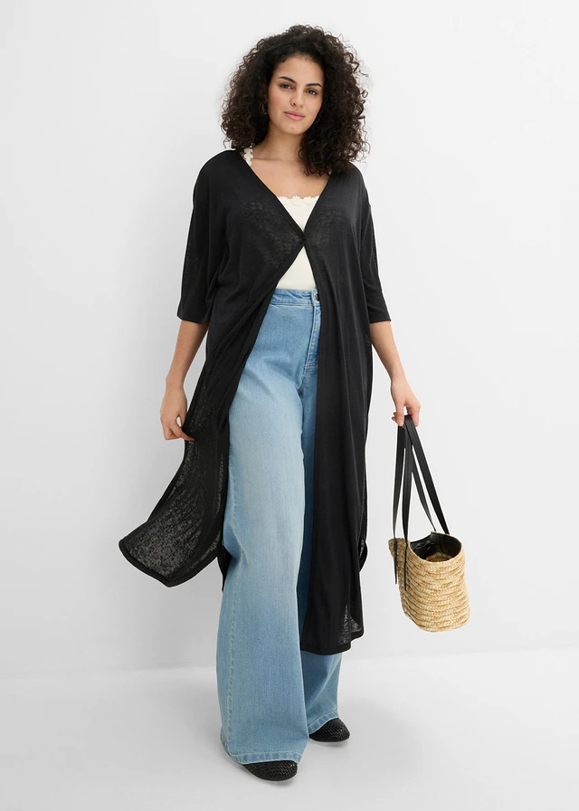 Lang vest in linnen look, Kleur: zwart